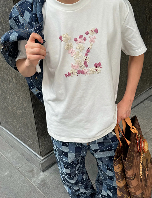 ルイヴィトン ファッション手作りリボン刺繍半袖Tシャツ