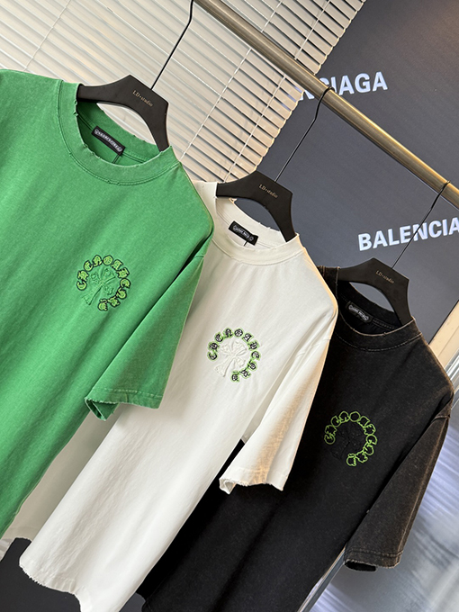 クロムハーツ クロスステッカー刺繍酸洗古い半袖Tシャツ