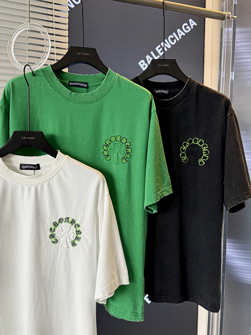 クロムハーツ クロスステッカー刺繍酸洗古い半袖Tシャツ