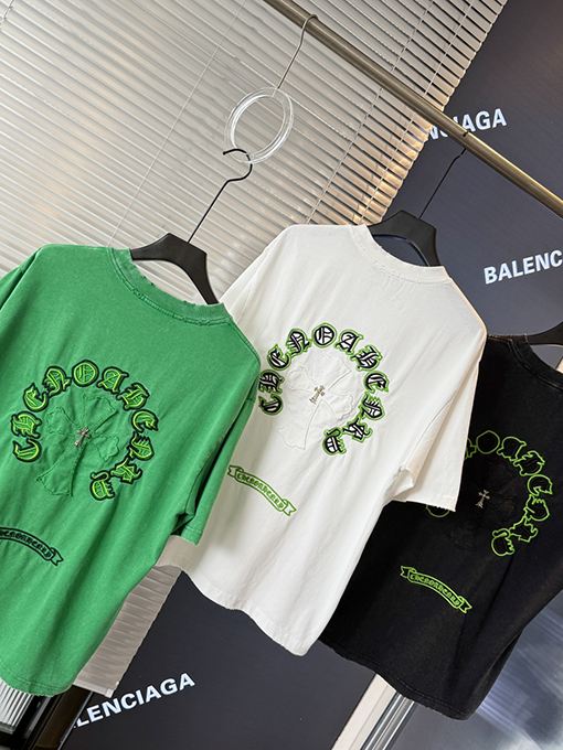 クロムハーツ クロスステッカー刺繍酸洗古い半袖Tシャツ