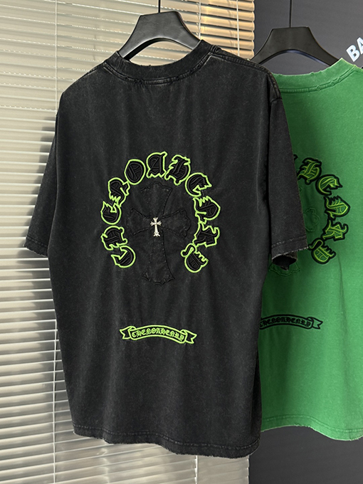 クロムハーツ クロスステッカー刺繍酸洗古い半袖Tシャツ