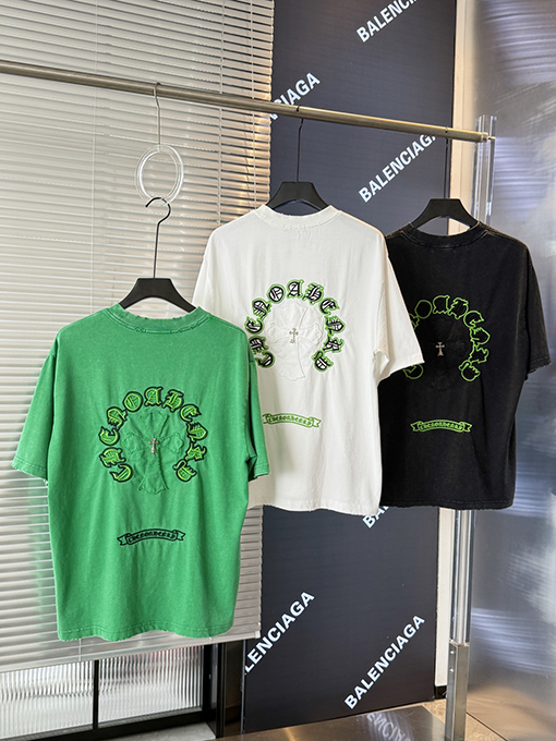 クロムハーツ クロスステッカー刺繍酸洗古い半袖Tシャツ