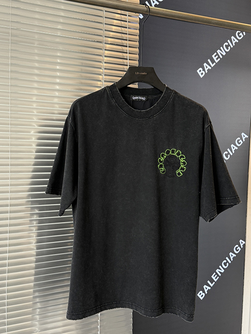 クロムハーツ クロスステッカー刺繍酸洗古い半袖Tシャツ