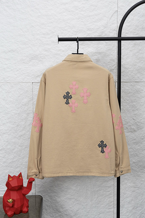 クロムハーツ 新作限定Work Dog Jacket 桜色チェッカー柄パッチワークレザーデザインデニムジャケット