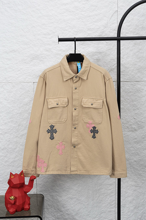 クロムハーツ 新作限定Work Dog Jacket 桜色チェッカー柄パッチワークレザーデザインデニムジャケット