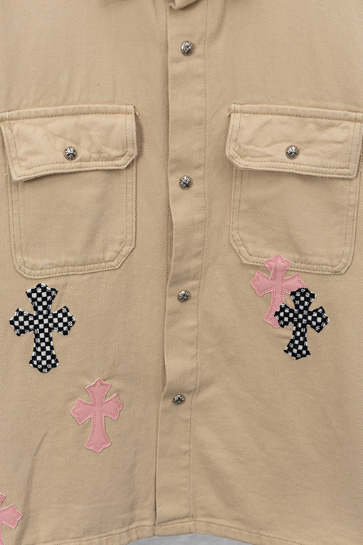 クロムハーツ 新作限定Work Dog Jacket 桜色チェッカー柄パッチワークレザーデザインデニムジャケット