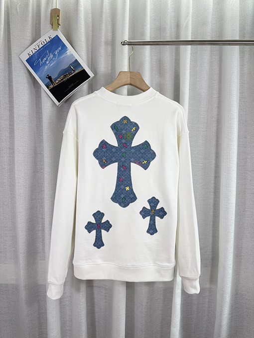 クロムハーツ デニムパッチ刺繍カップルクルーネックパーカー