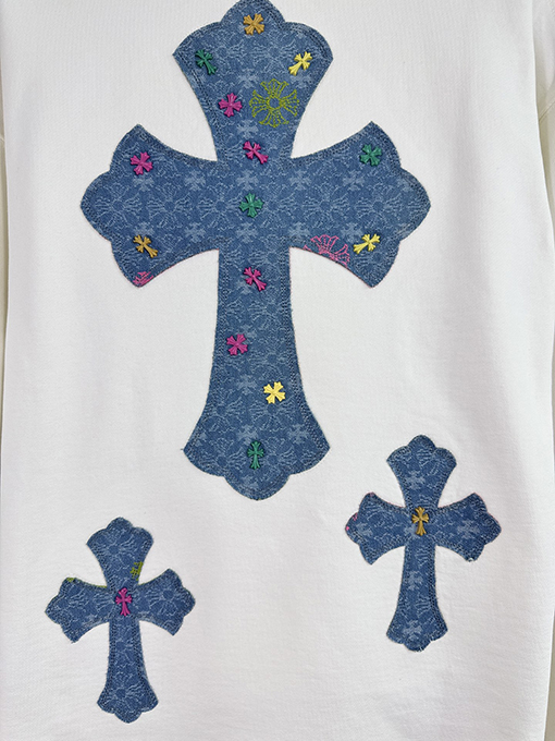 クロムハーツ デニムパッチ刺繍カップルクルーネックパーカー