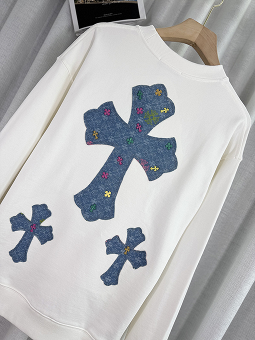 クロムハーツ デニムパッチ刺繍カップルクルーネックパーカー