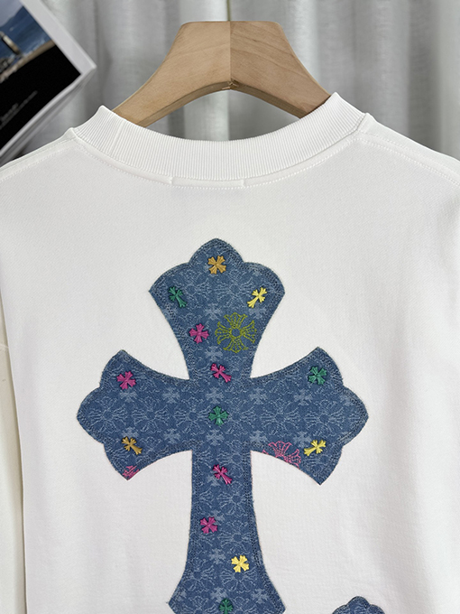 クロムハーツ デニムパッチ刺繍カップルクルーネックパーカー