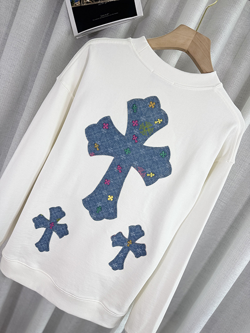 クロムハーツ デニムパッチ刺繍カップルクルーネックパーカー