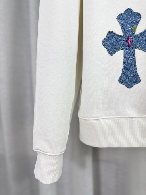 クロムハーツ デニムパッチ刺繍カップルクルーネックパーカー