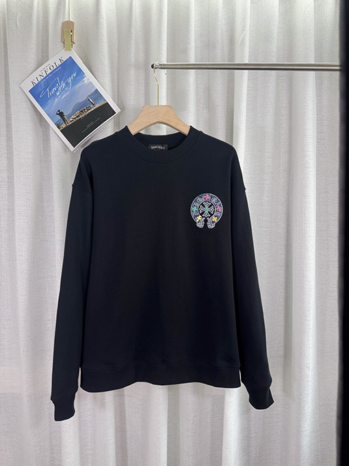 クロムハーツ デニムパッチ刺繍カップルクルーネックパーカー