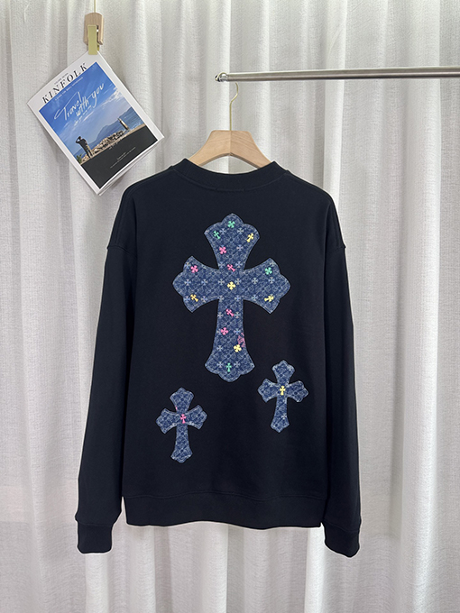 クロムハーツ デニムパッチ刺繍カップルクルーネックパーカー