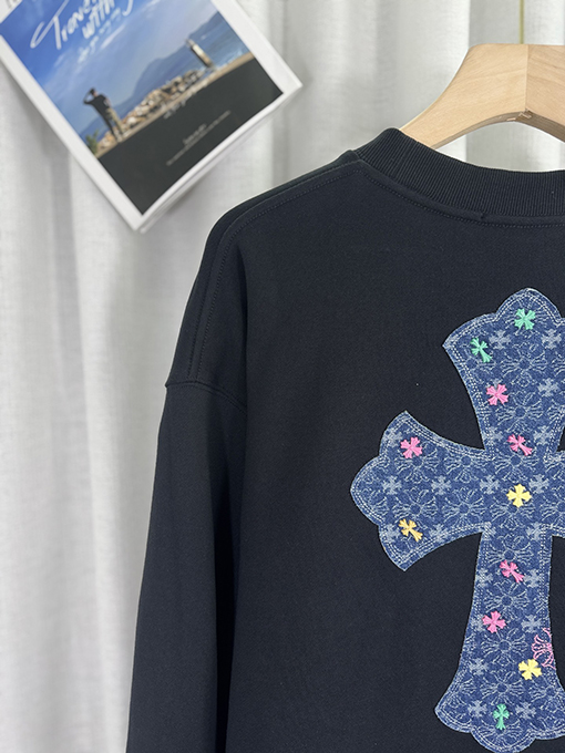 クロムハーツ デニムパッチ刺繍カップルクルーネックパーカー