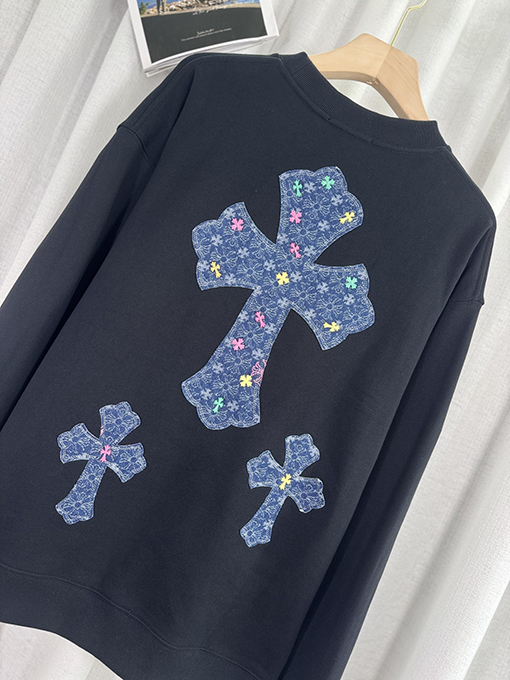 クロムハーツ デニムパッチ刺繍カップルクルーネックパーカー