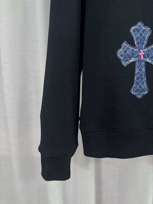 クロムハーツ デニムパッチ刺繍カップルクルーネックパーカー