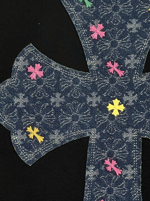 クロムハーツ デニムパッチ刺繍カップルクルーネックパーカー