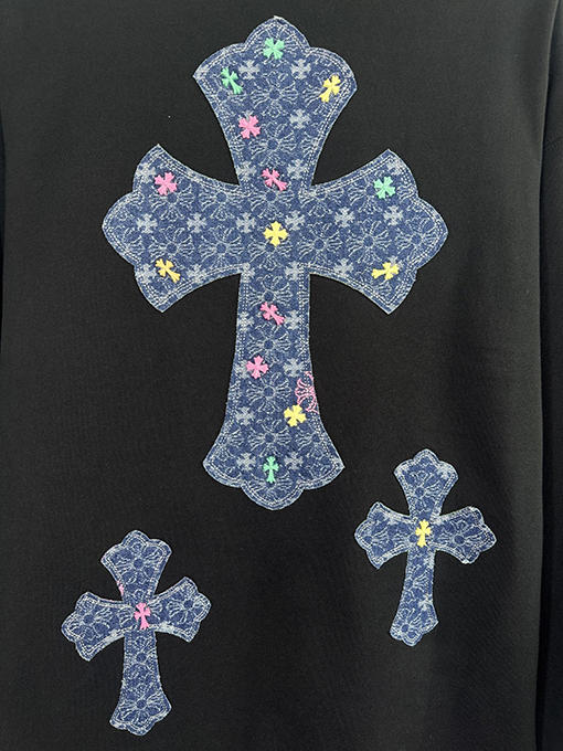 クロムハーツ デニムパッチ刺繍カップルクルーネックパーカー
