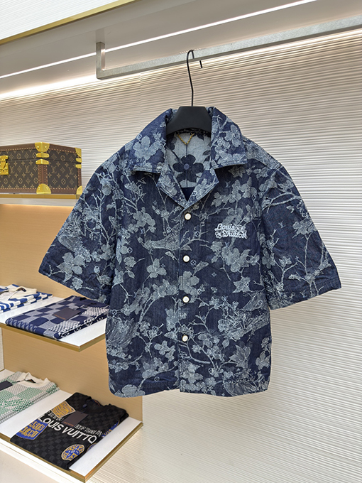 ルイヴィトンコピー ファッション花刺繍文字半袖デニムシャツ