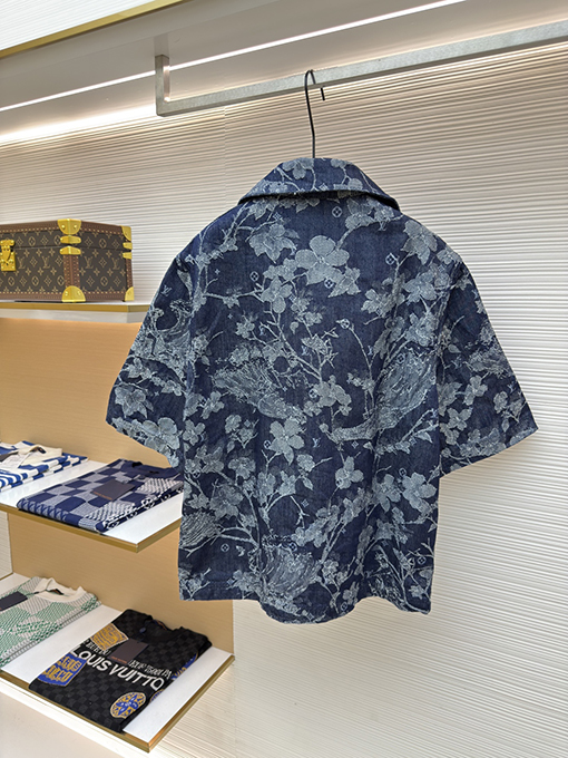 ルイヴィトンコピー ファッション花刺繍文字半袖デニムシャツ