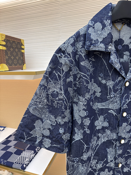 ルイヴィトンコピー ファッション花刺繍文字半袖デニムシャツ