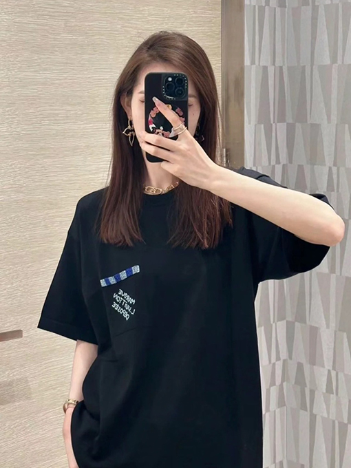 ルイヴィトンコピー ポケット刺繍ビーズニット半袖Tシャツ