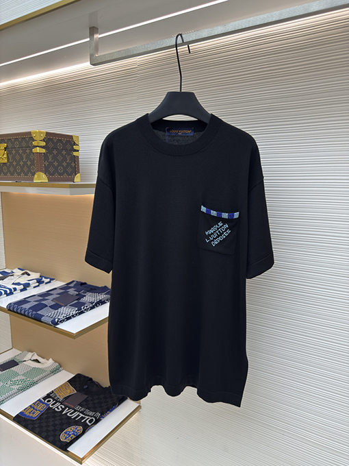ルイヴィトンコピー ポケット刺繍ビーズニット半袖Tシャツ