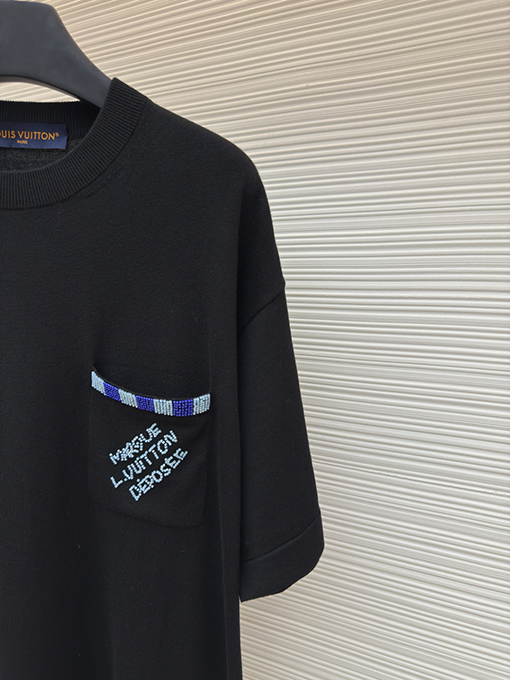 ルイヴィトンコピー ポケット刺繍ビーズニット半袖Tシャツ
