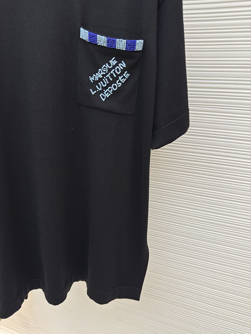 ルイヴィトンコピー ポケット刺繍ビーズニット半袖Tシャツ