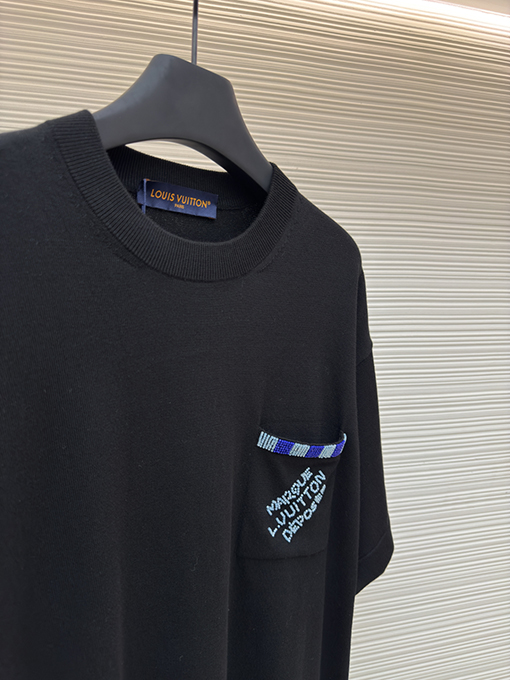 ルイヴィトンコピー ポケット刺繍ビーズニット半袖Tシャツ