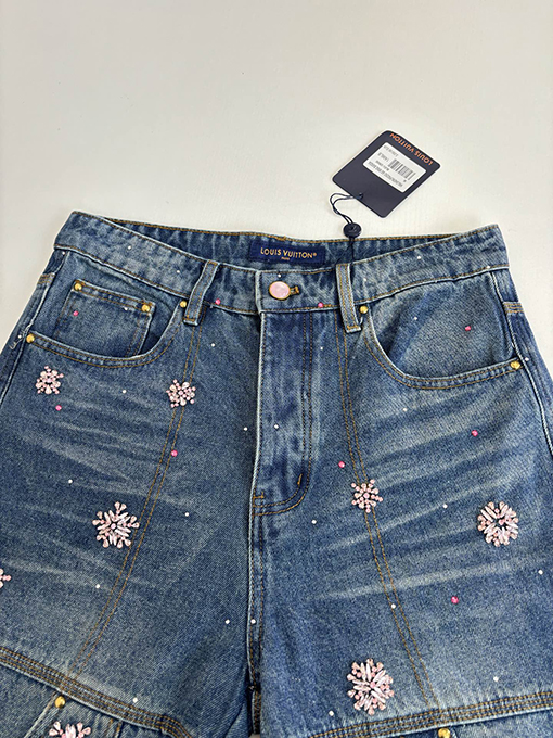 ルイヴィトン 手作り桜ラインストーン刺繍デニムパンツ