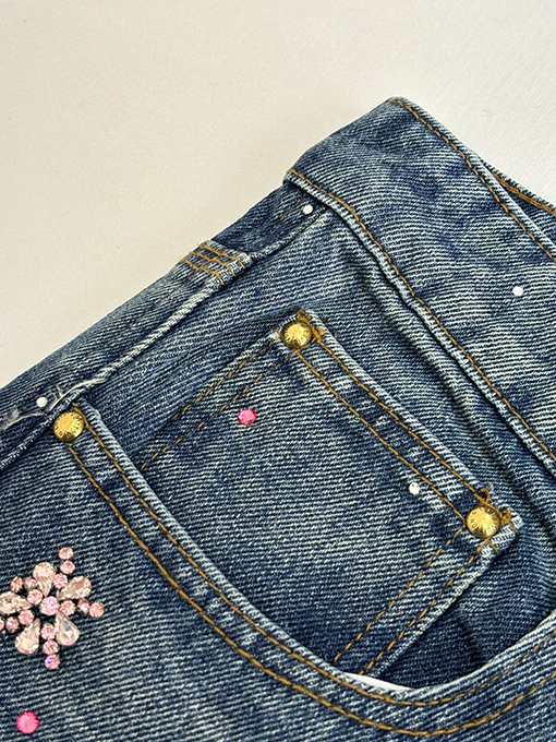 ルイヴィトン 手作り桜ラインストーン刺繍デニムパンツ