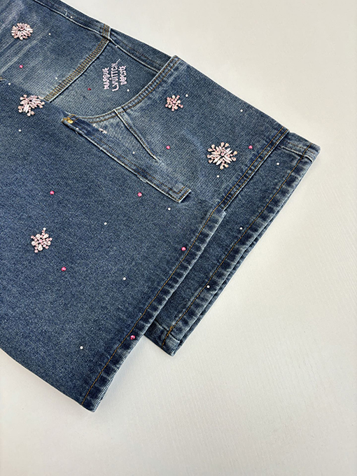 ルイヴィトン 手作り桜ラインストーン刺繍デニムパンツ