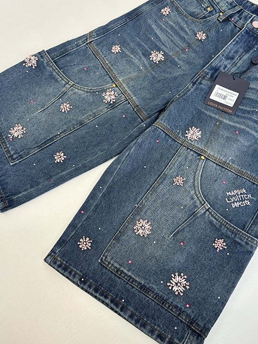 ルイヴィトン 手作り桜ラインストーン刺繍デニムパンツ