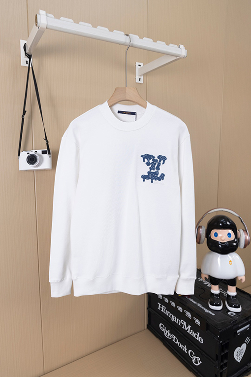 ルイヴィトン LV デニムパッチワークとロゴ刺繍クルーネックスパーカー