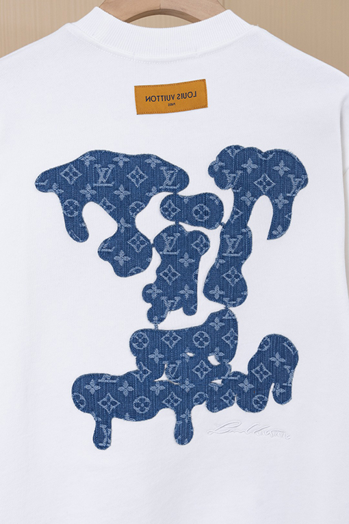 ルイヴィトン LV デニムパッチワークとロゴ刺繍クルーネックスパーカー