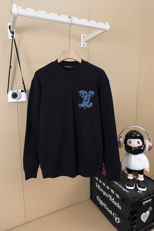 ルイヴィトン LV デニムパッチワークとロゴ刺繍クルーネックスパーカー