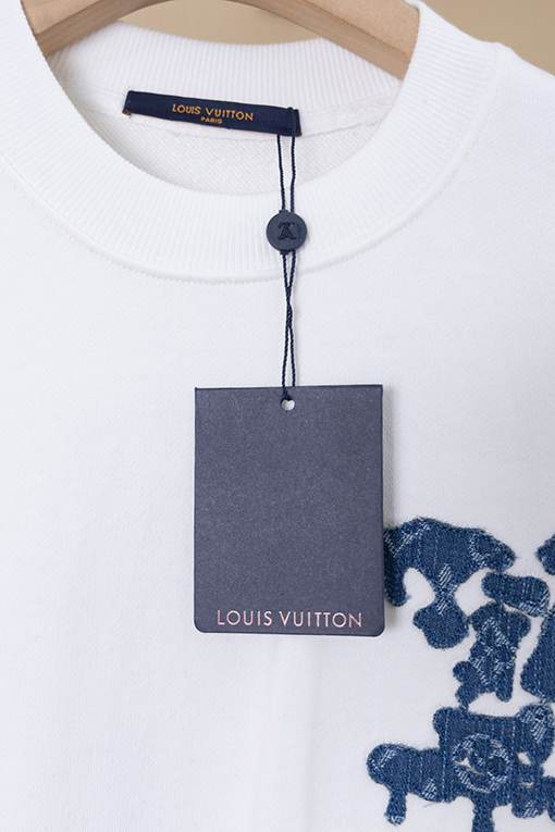 ルイヴィトン LV デニムパッチワークとロゴ刺繍クルーネックスパーカー