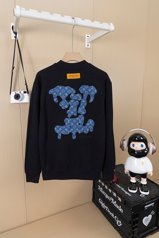 ルイヴィトン LV デニムパッチワークとロゴ刺繍クルーネックスパーカー