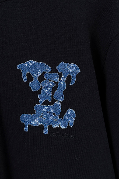 ルイヴィトン LV デニムパッチワークとロゴ刺繍クルーネックスパーカー