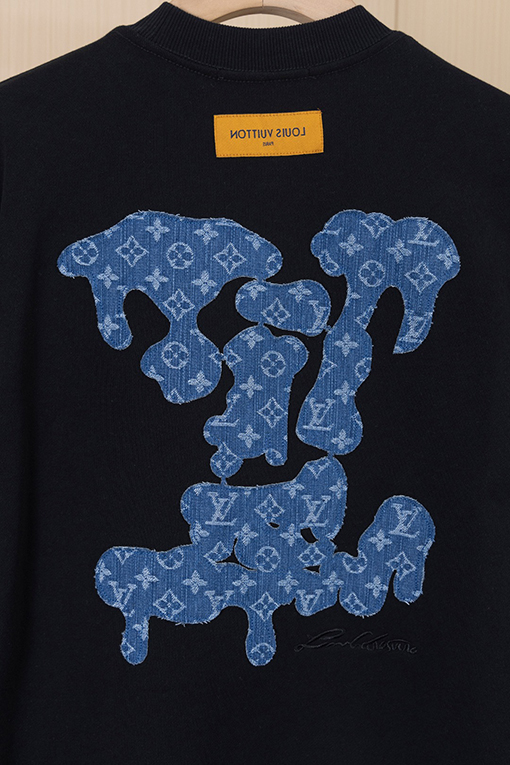 ルイヴィトン LV デニムパッチワークとロゴ刺繍クルーネックスパーカー