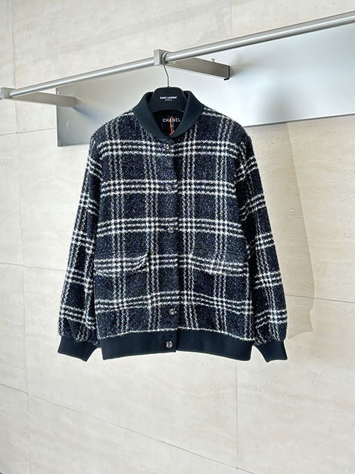 シャネル ウールチェックシングルブレストジャケット