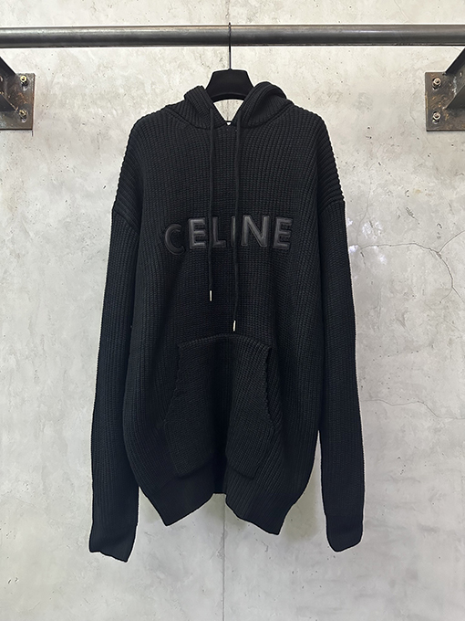 セリーヌ CELINE レザーパッチ刺繍ウールパーカー