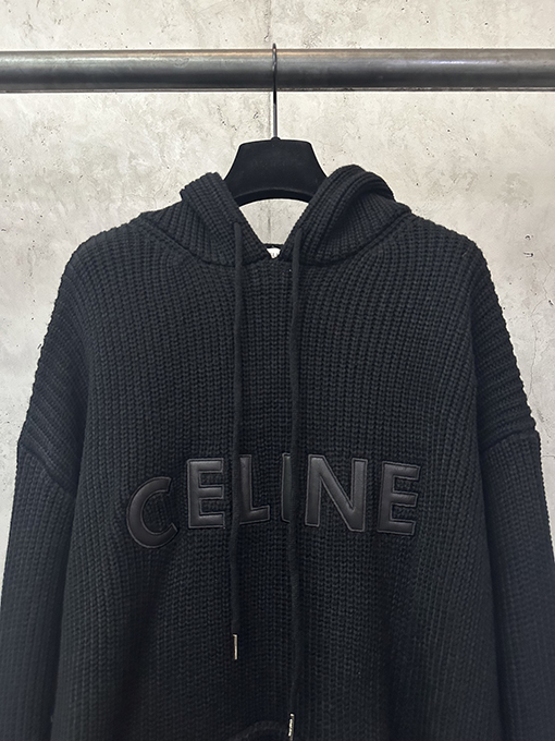セリーヌ CELINE レザーパッチ刺繍ウールパーカー