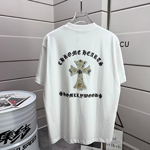 クロムハーツ サンスクリットホースシューシリコンアップリケ刺繍ラインストーン半袖Tシャツ