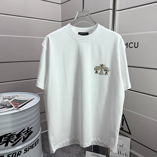 クロムハーツ サンスクリットホースシューシリコンアップリケ刺繍ラインストーン半袖Tシャツ
