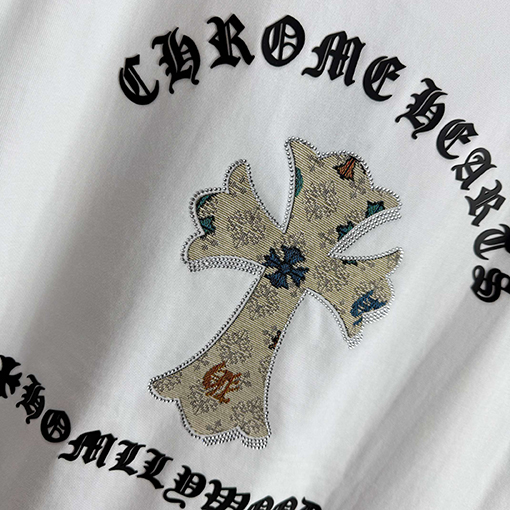 クロムハーツ サンスクリットホースシューシリコンアップリケ刺繍ラインストーン半袖Tシャツ