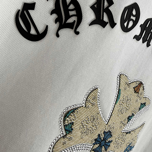 クロムハーツ サンスクリットホースシューシリコンアップリケ刺繍ラインストーン半袖Tシャツ