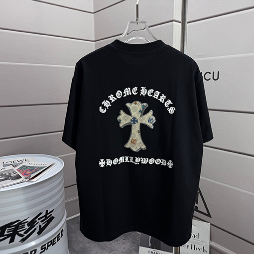クロムハーツ サンスクリットホースシューシリコンアップリケ刺繍ラインストーン半袖Tシャツ